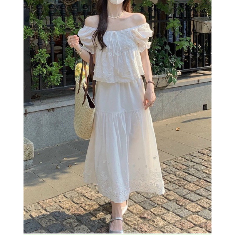 Set áo babydoll xô thêu + Chân váy xoè