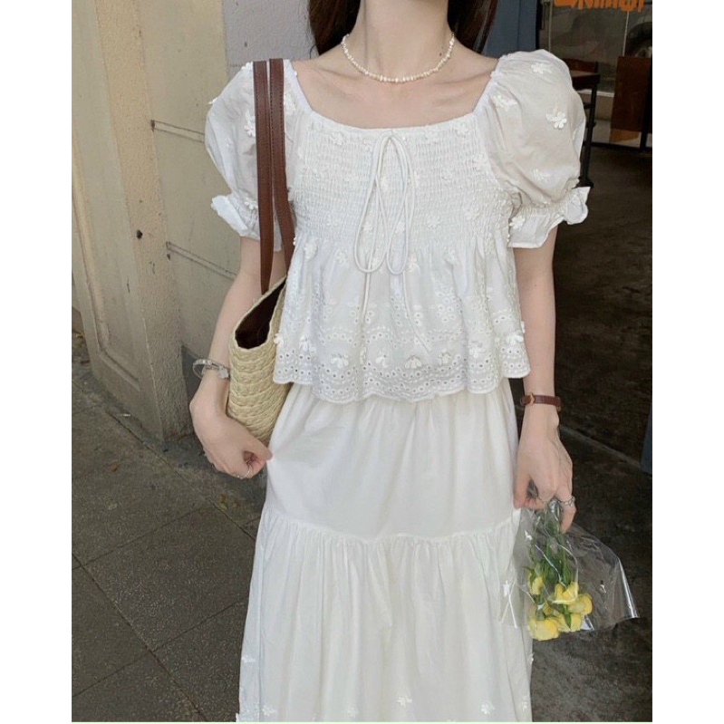 Set áo babydoll xô thêu + Chân váy xoè
