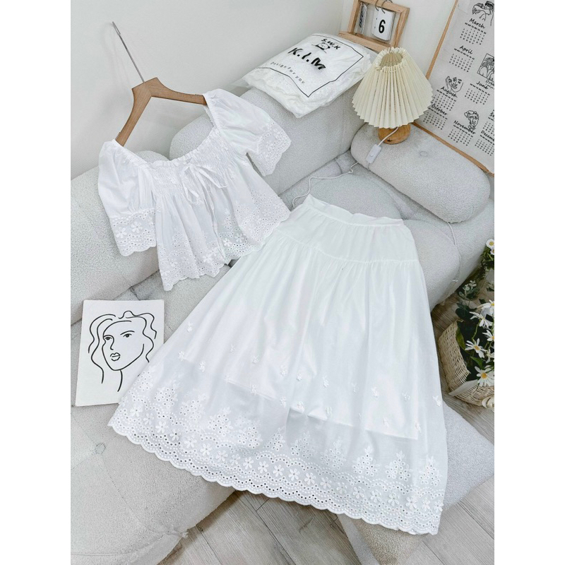 Set áo babydoll xô thêu + Chân váy xoè