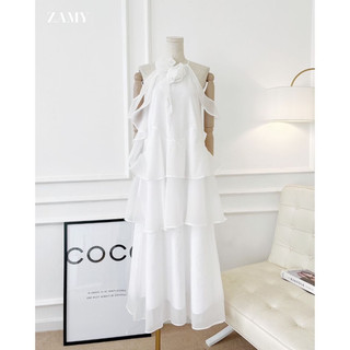 16586 đầm maxi cổ yếm trắng