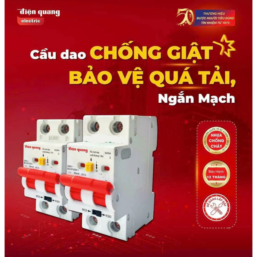 Át chống giựt, Aptomat chống giật chống chập Điện Quang 2 pha, cầu dao chống giật RCBO 10A,16A,20A,25A,32A,40A,50A,63A