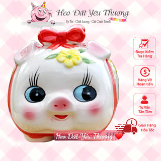 Lợn đất tiết kiệm gốm sứ heo nơ hoa nổi size 3