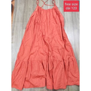 Đầm maxi hai màu cam và xanh