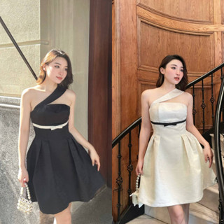 Váy đầm thiết kế cúp ngực dây chéo vai thắt nơ ngực dáng xòe tiểu thư chất Tafta vân đá đi chơi đi tiệc Vayemcloset