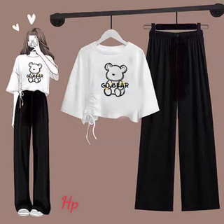Sét áo croptop rút eo gấu Go Bear + quần rộng dài TH6