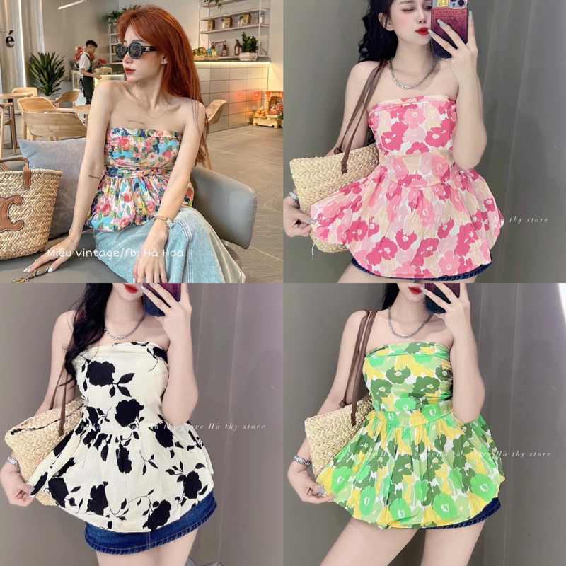 Áo Quây Hoa Pelum Phồng Chun Lưng Bo Eo Có 4 Màu