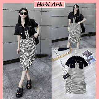 Váy Kẻ Zip Thêu Số Phối Màu Đen Nhún 2 Bên Đầm Phông Ngắn Tay Dây Rút Dáng Dài Rộng Freesize