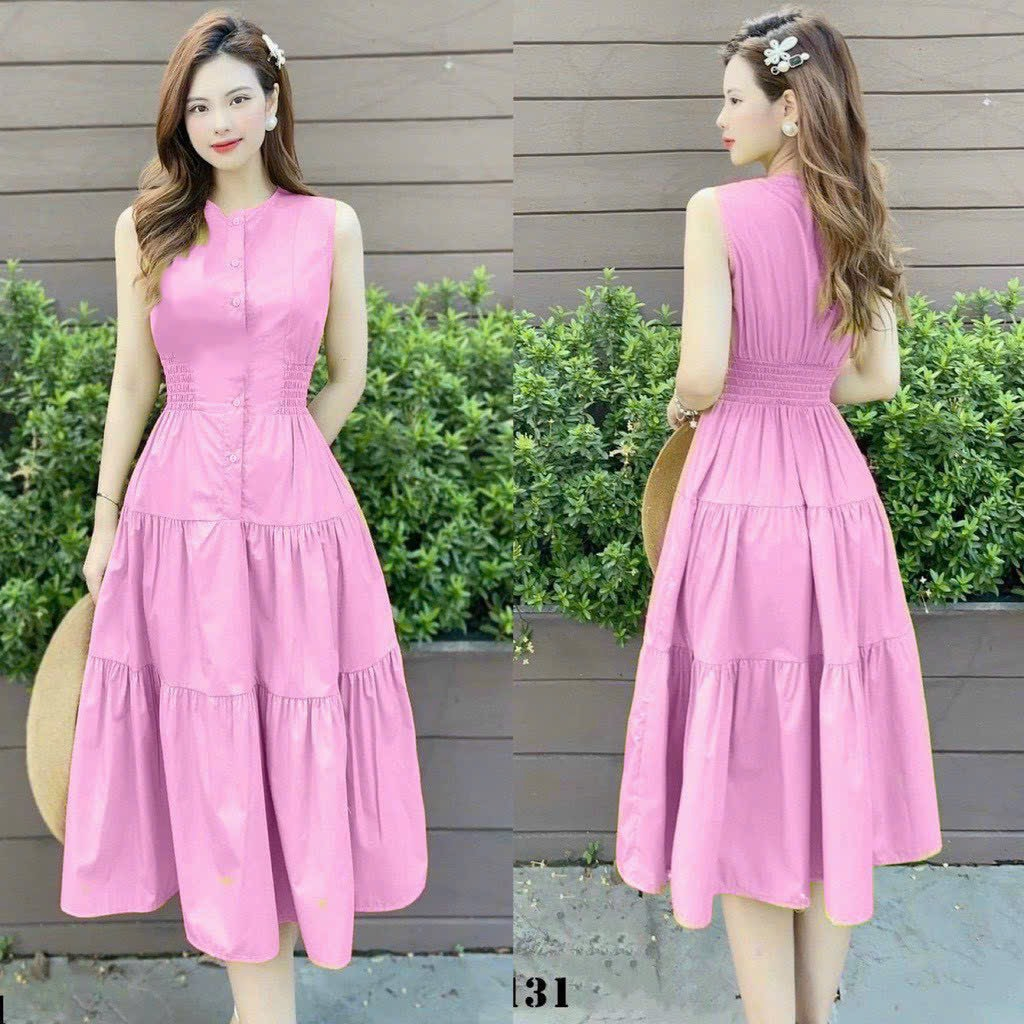 Đầm váy nữ nhún thun eo cài nút thật 4 màu sang chảnh thanh lịc tôn dáng dễ thương dự tiệc đi chơi