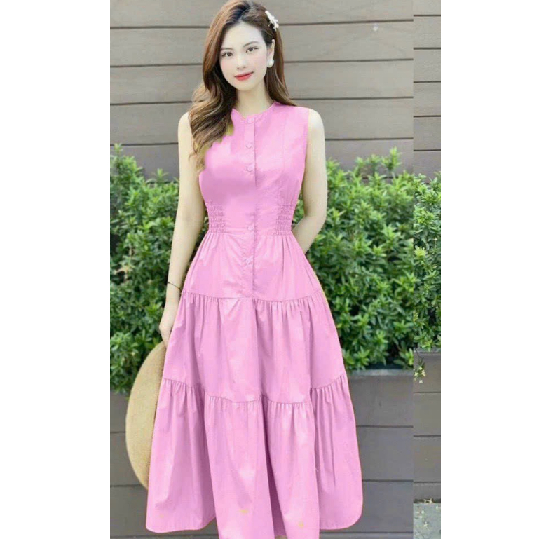 Đầm váy nữ nhún thun eo cài nút thật 4 màu sang chảnh thanh lịc tôn dáng dễ thương dự tiệc đi chơi