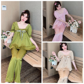 Đồ Ngủ, Pijama Tiểu Thư Tay Ngắn Cổ U Thiết Kế Phối Nơ Xinh Xắn Chất Lụa Mịn Mượt - Đồ Bộ Nữ Freesize
