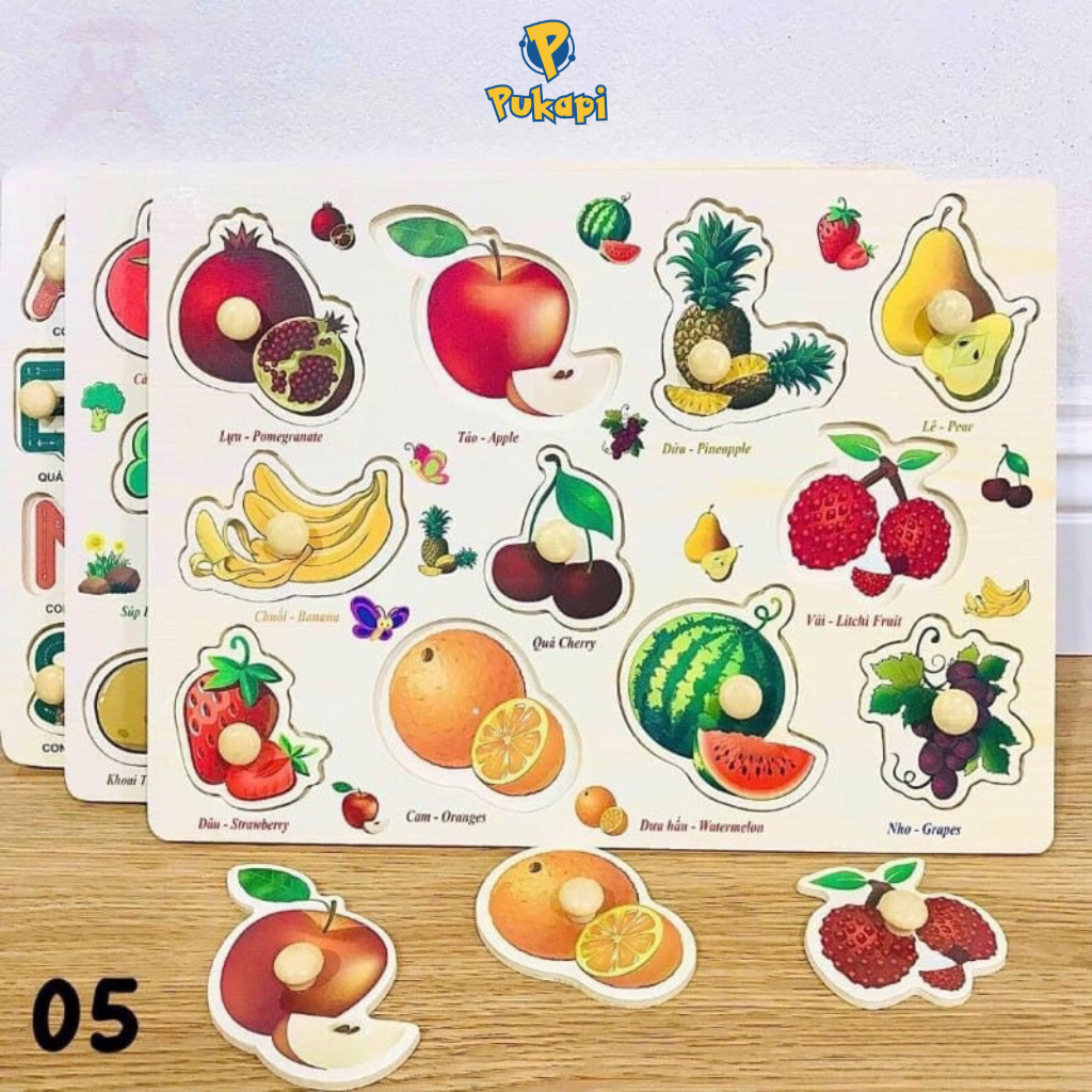 Bảng Núm Gỗ, Bảng Ghép Gỗ Có Núm Cho Bé Học Chữ Cái, Ghép Hình, Nhận Biết Con Vật PUKAPI