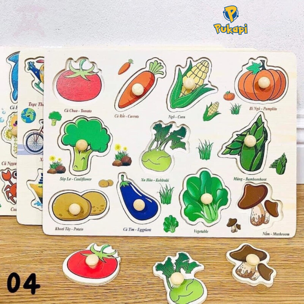 Bảng Núm Gỗ, Bảng Ghép Gỗ Có Núm Cho Bé Học Chữ Cái, Ghép Hình, Nhận Biết Con Vật PUKAPI