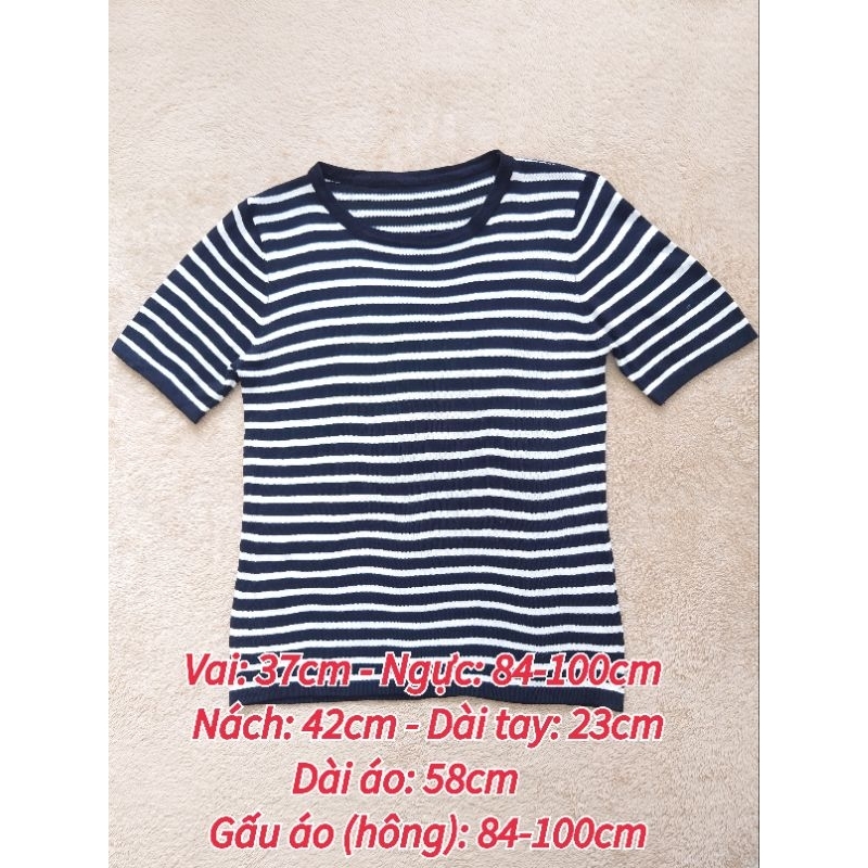 Áo len mongtoghi/dệt kim nữ cổ tròn tay ngắn kẻ sọc ngang màu đen phối trắng (Secondhand/Used/Si tuyển/2nd)