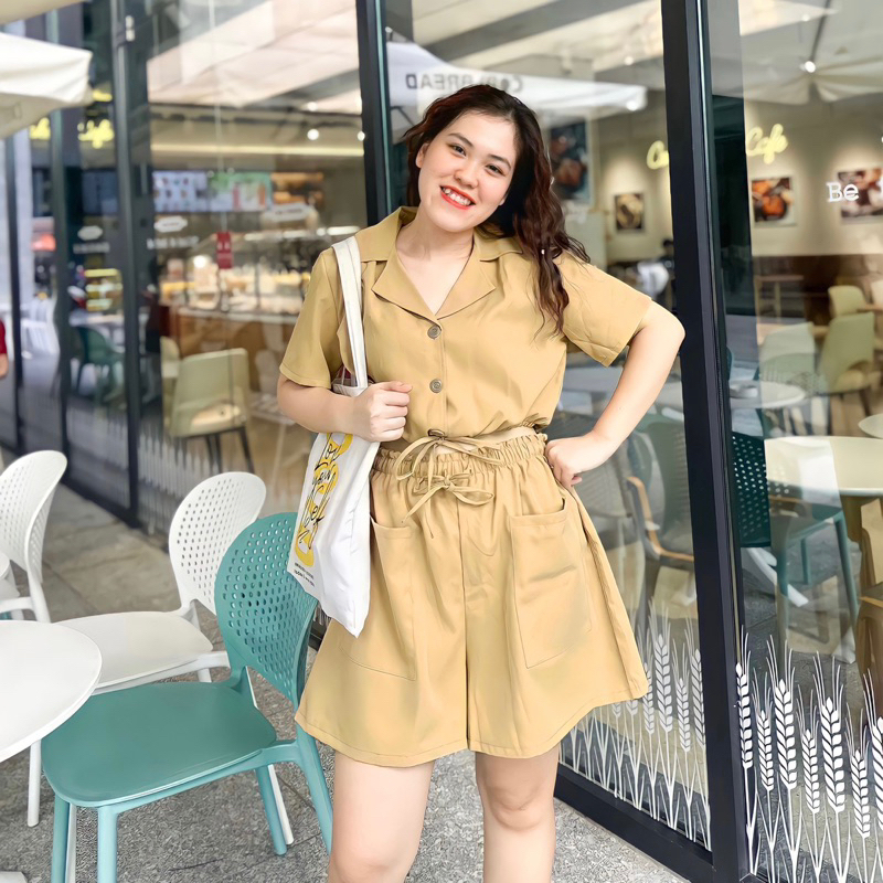 OOTD BIGSIZE | Set áo cổ vest rút eo quần short ống rộng