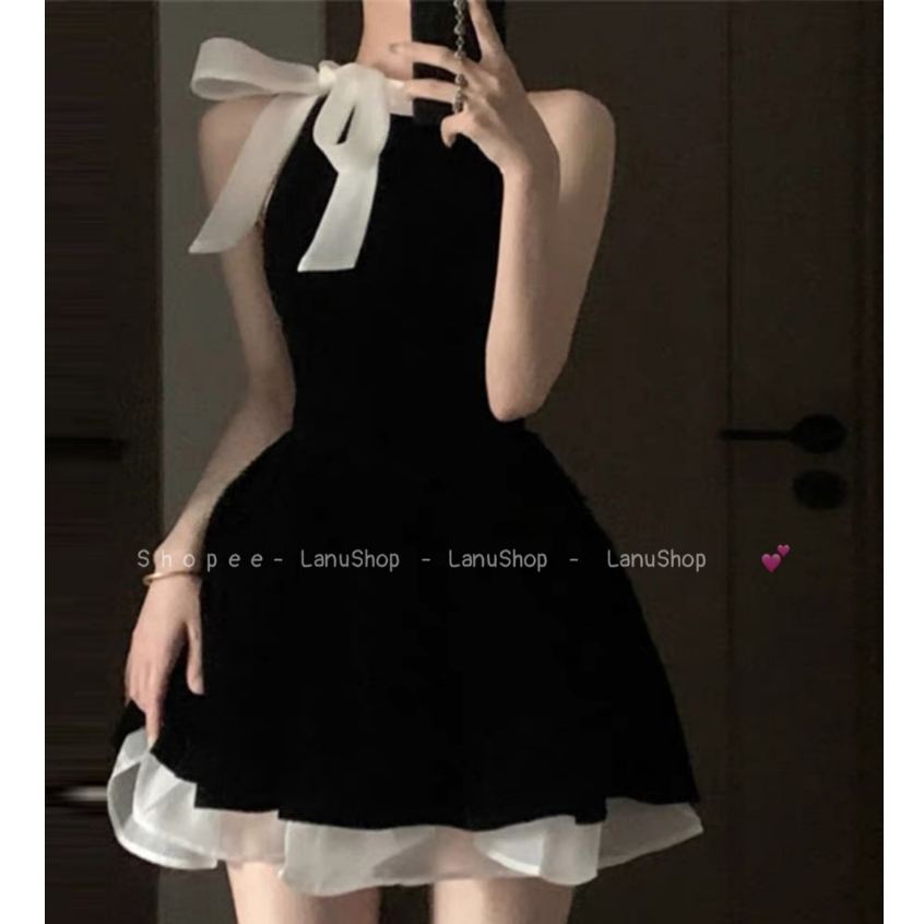 [Sẵn] Đầm cổ nơ viền tơ dáng xoè ngắn, Váy đen phối viền cổ nơ xinh xắn Lanushop V088