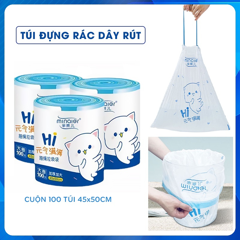 Túi Đựng Rác Dây Rút Minaier Chống Rò Rỉ Nước, Cuộn 100 Túi Rác Có Dây Rút Không Sợ Bẩn Tay