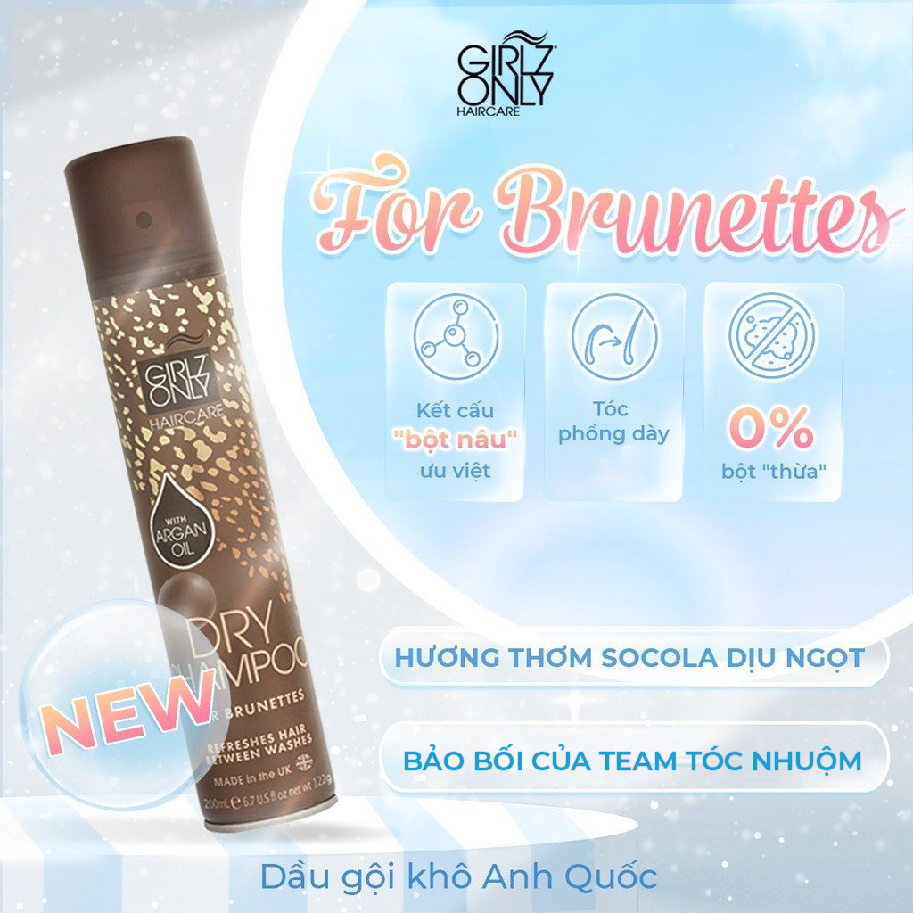 Combo 2 Dầu Gội Khô Girlz Only Dry Shampoo For Brunette Nâu Hỗ Trợ Làm Phồng Tóc Full Size 200ml + Travel Size 100ml