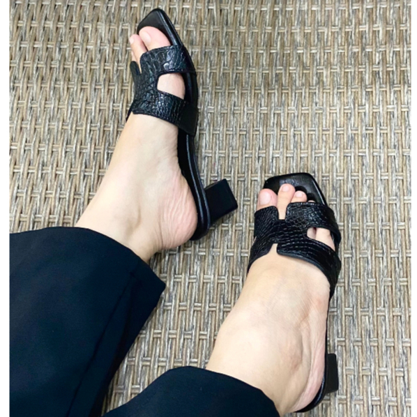 Giày cao gót chữ H đế vuông 5cm  màu đen và nâu da cá sấu thật |Giày nữ da cá sấu | BẢO HÀNG 12 THÁNG