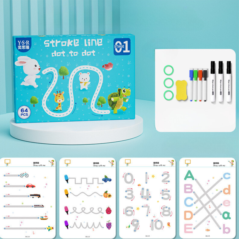 Combo tập tô vẽ thông minh xóa được 64 trang kèm bút dạ, Đồ chơi giáo dục toàn diện Montessori cho bé