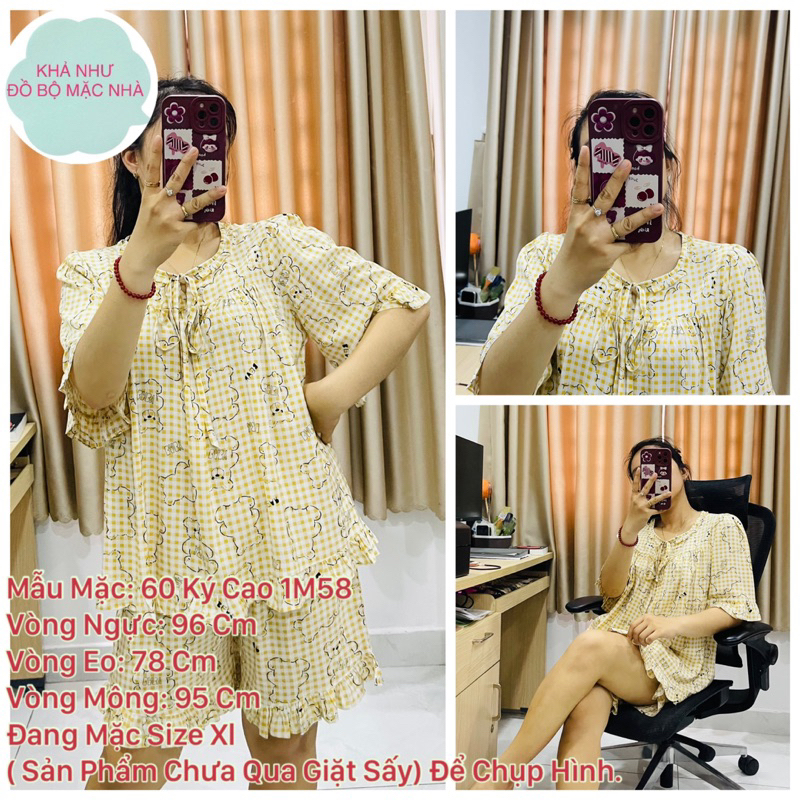 Bộ tole lanh nữ quần đùi lai bèo áo form rộng dáng babydoll tiểu thư tay chuông 50-70 ký
