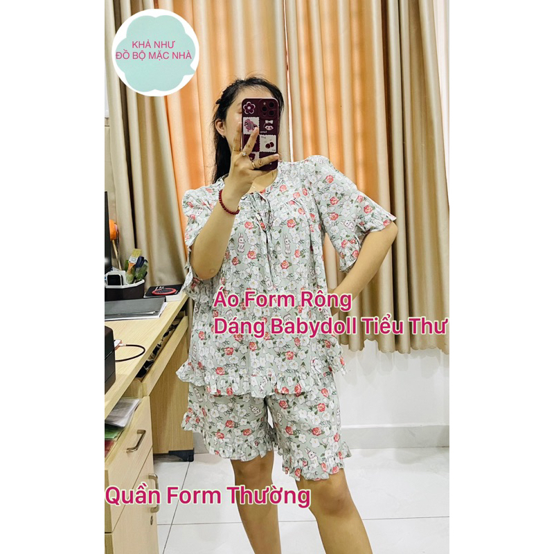 Bộ tole lanh nữ quần đùi lai bèo áo form rộng dáng babydoll tiểu thư tay chuông 50-70 ký