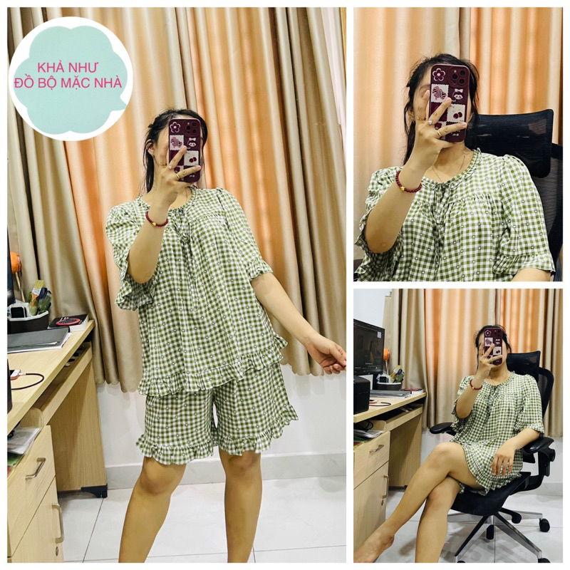 Bộ tole lanh nữ quần đùi lai bèo áo form rộng dáng babydoll tiểu thư tay chuông 50-70 ký