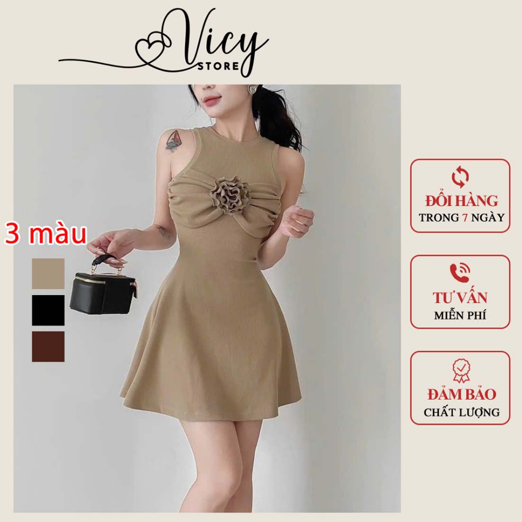 Đầm body ba lỗ đính hoa ngực form chữ A, váy body tôn dáng đi tiệc đi chơi Vicy 3LOHO01