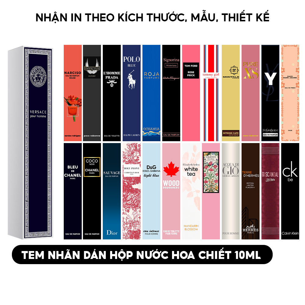(18mm x 120mm) 20 Tem nhãn dán vỏ hộp giấy đựng chiết nước hoa 10ml đã cắt sẵn tất cả các mùi hot