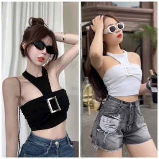 Áo croptop cổ yếm phối khoen vuông - B7K