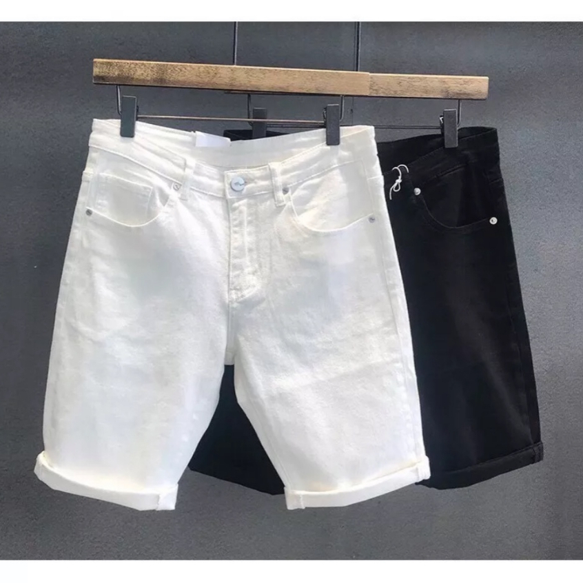 Quần short jean nam 2 màu trắng đen trơn, Cao Cấp chất vãi dày dặn co giản