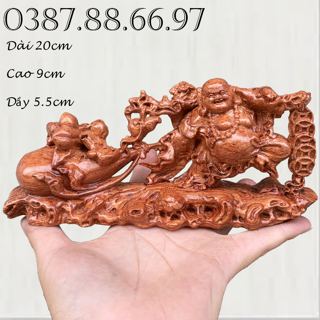Tượng phật di lặc kéo bao chiều dài 20cm chất liệu gỗ hương