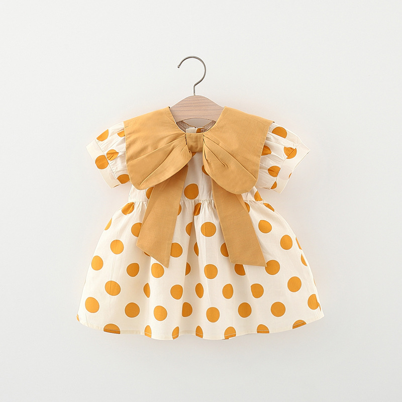Váy cotton bé gái cổ phối nơ lớn Váy ngắn tay bé gái chấm bi to phong cách Hàn Quốc D868 Pumpkinshop