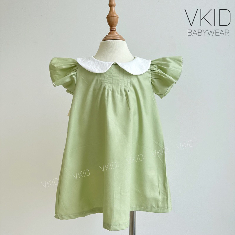 V28 Váy cổ sen tay bồng xuông cho bé gái màu xanh bơ xinh xắn, chất thô cotton size 10-16kg