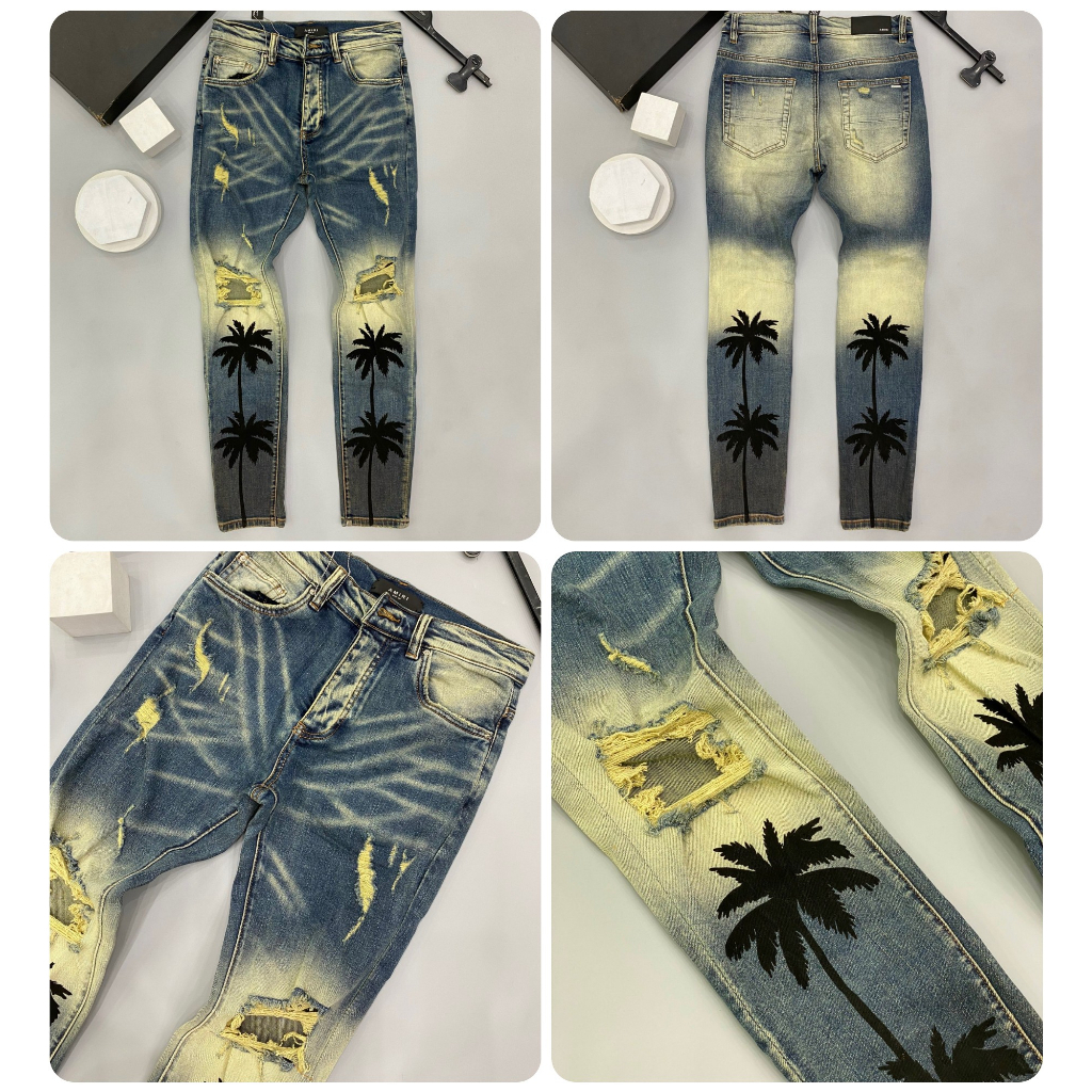 Quần Cầy Dừa Amiri Quần jean bò Nam slimfit wash xanh vàng in hình cây dừa phối rách tua gối vá da nhăn đen boy phố