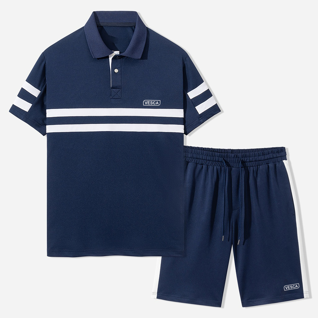 Đồ Bộ Nam Thể Thao Mùa Hè Cộc Tay Có Cổ Phối Vai Thời Trang Chất Poly Coolmax Co Giãn Thoáng Khí VESCA J14