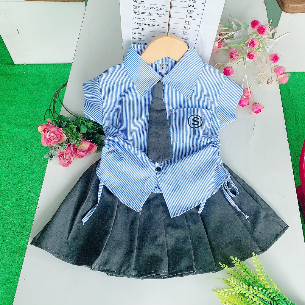 Sét đồ bé gái áo cà vạt kèm chân váy kiểu học sinh 8kg đến 28kg