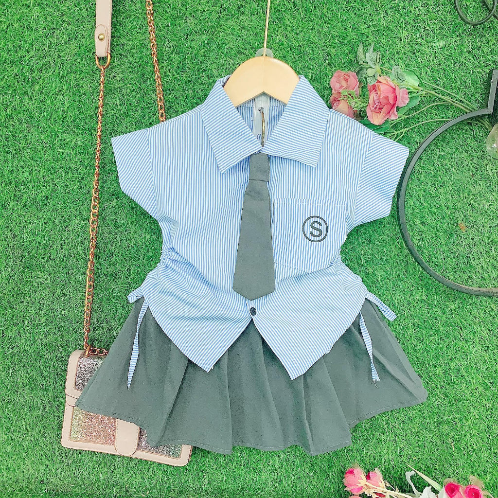 Sét đồ bé gái áo cà vạt kèm chân váy kiểu học sinh 8kg đến 28kg