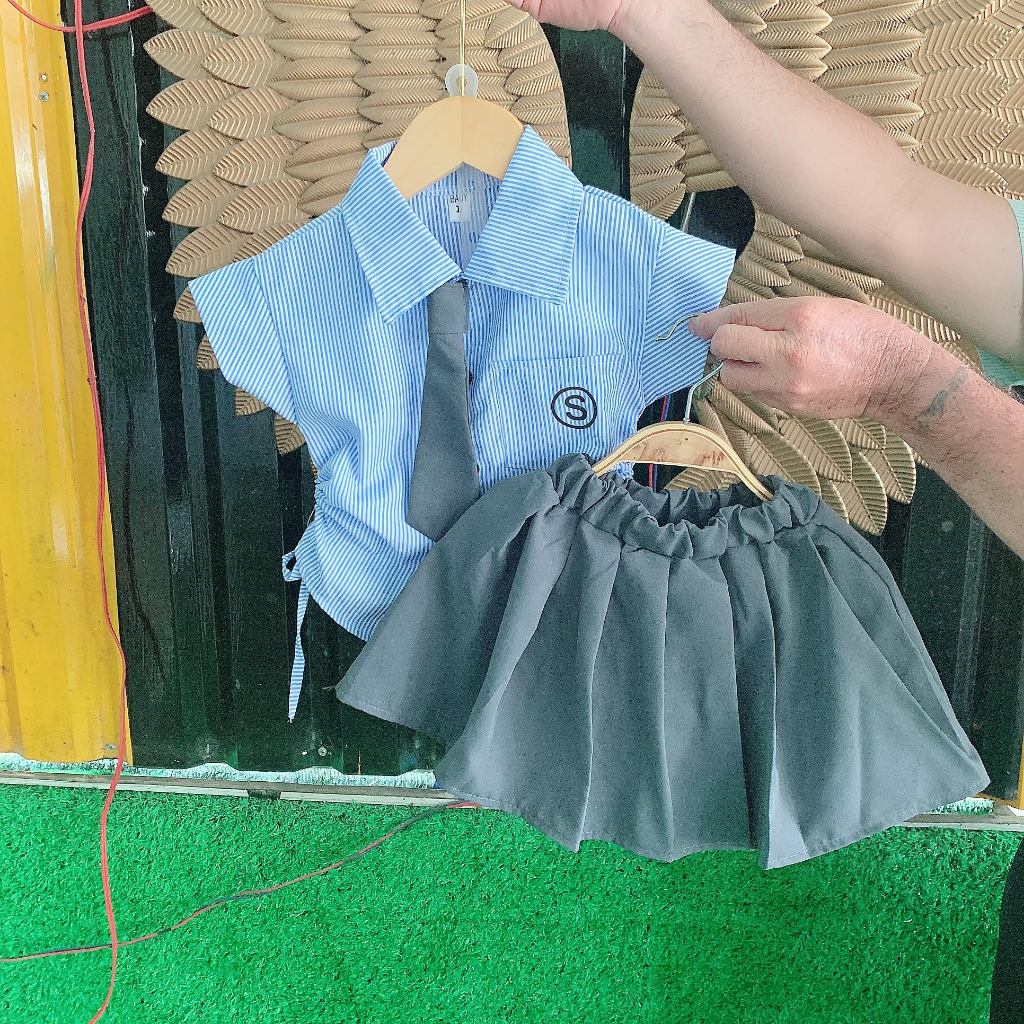 Sét đồ bé gái áo cà vạt kèm chân váy kiểu học sinh 8kg đến 28kg