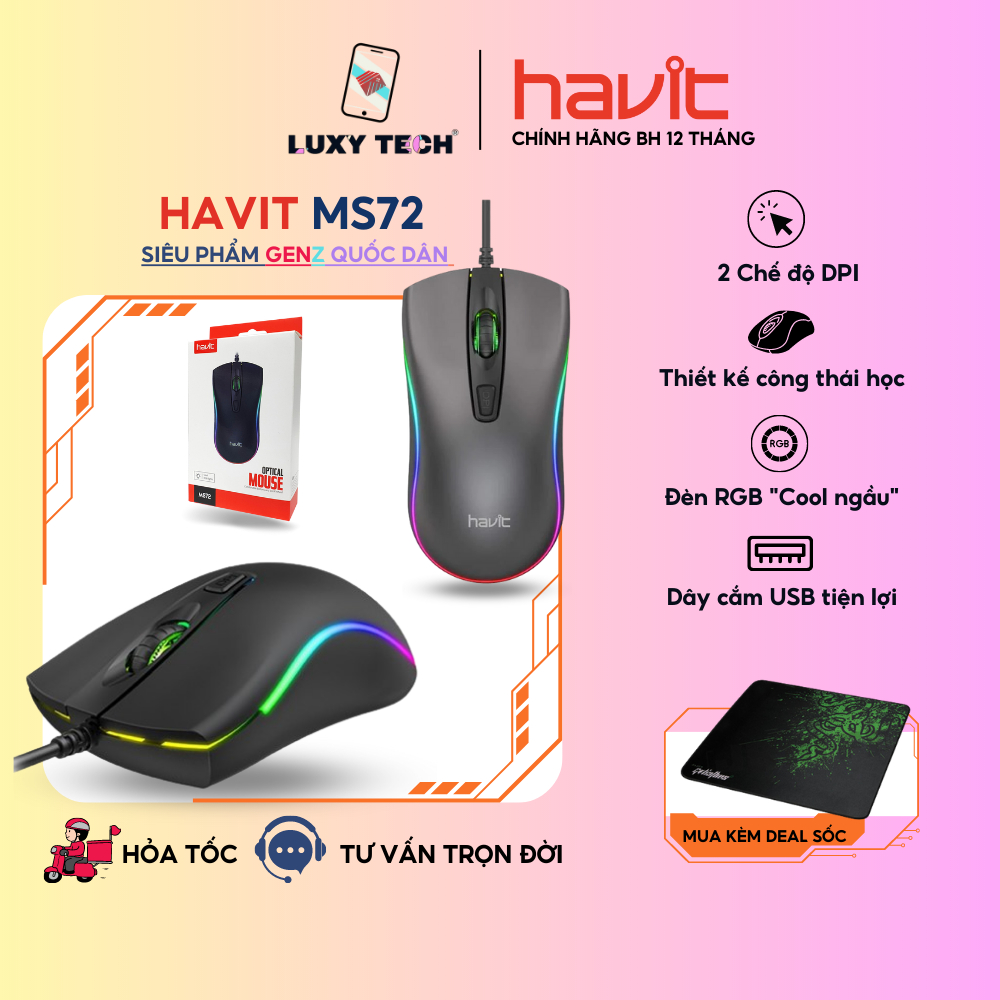 【Hỏa Tốc BD】Chuột Có Dây HAVIT MS72 Độ Nhạy Lên Đến 1200 DPI , Có LED RGB - Chính Hãng Bảo Hành 12 Tháng