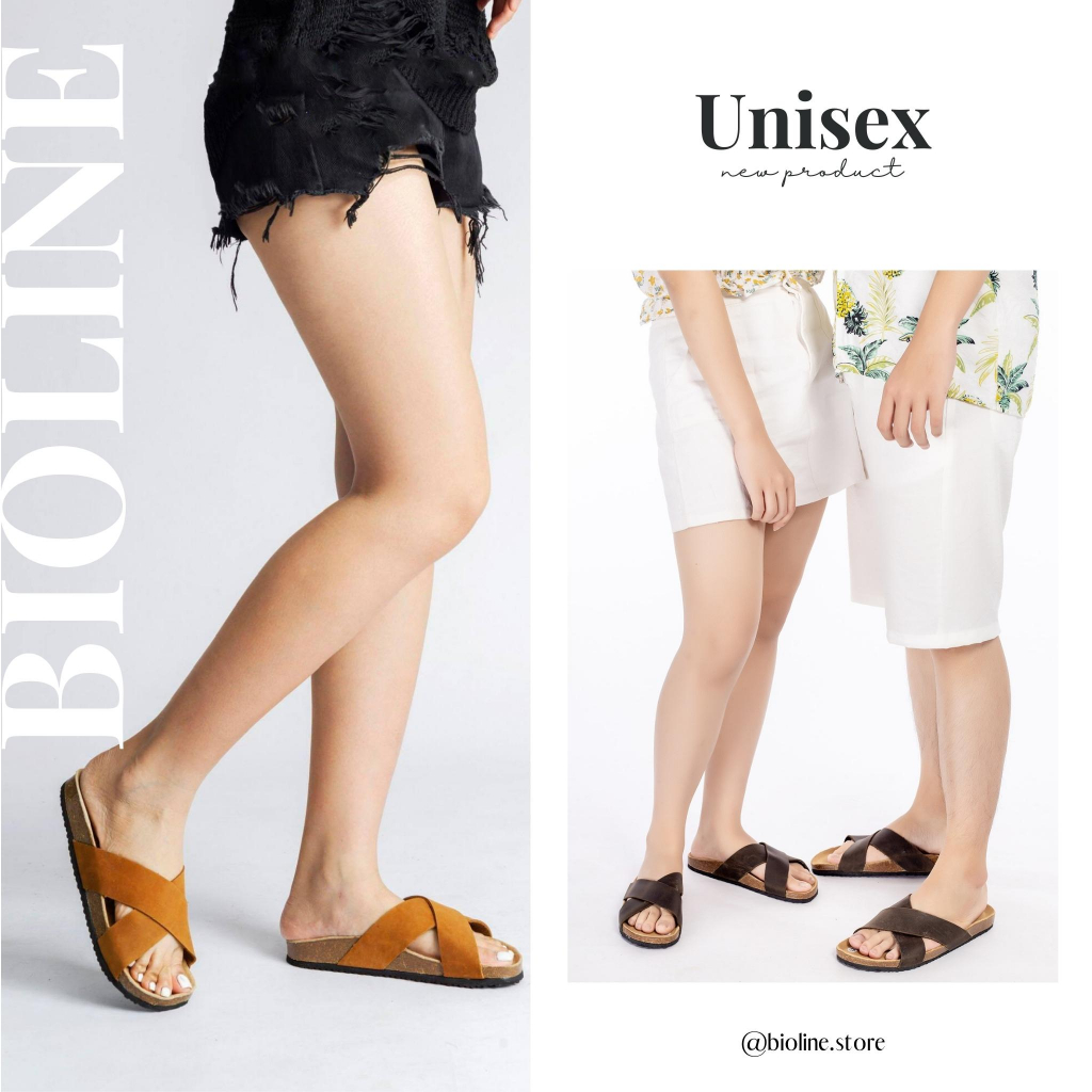 D03-Dép da bò thật nguyên tấm, đế trấu Unisex Birken Bioline Unisex