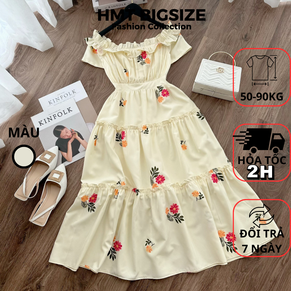 Váy đầm bigsize nữ dự tiệc đi chơi kiểu maxi hoa viền 2 tầng chất lụa hàn HTM 50-90 kg