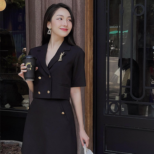 Sét vest blazer tay ngắn áo khoác 2 lớp chân váy dáng a