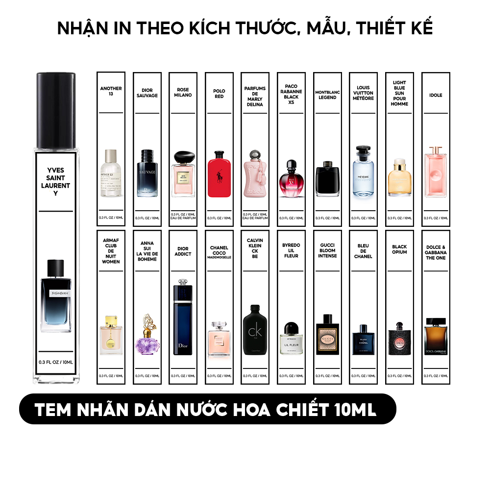 Tem nhãn dán chiết nước hoa 5ml, 10ml, 20ml... đã cắt sẵn tất cả các mùi