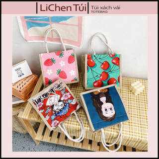 Túi cói mini in hình túi tote vải có khóa kéo giá rẻ làm quà tặng đựng đồ dùng lặt vặt Lichen.Store T08
