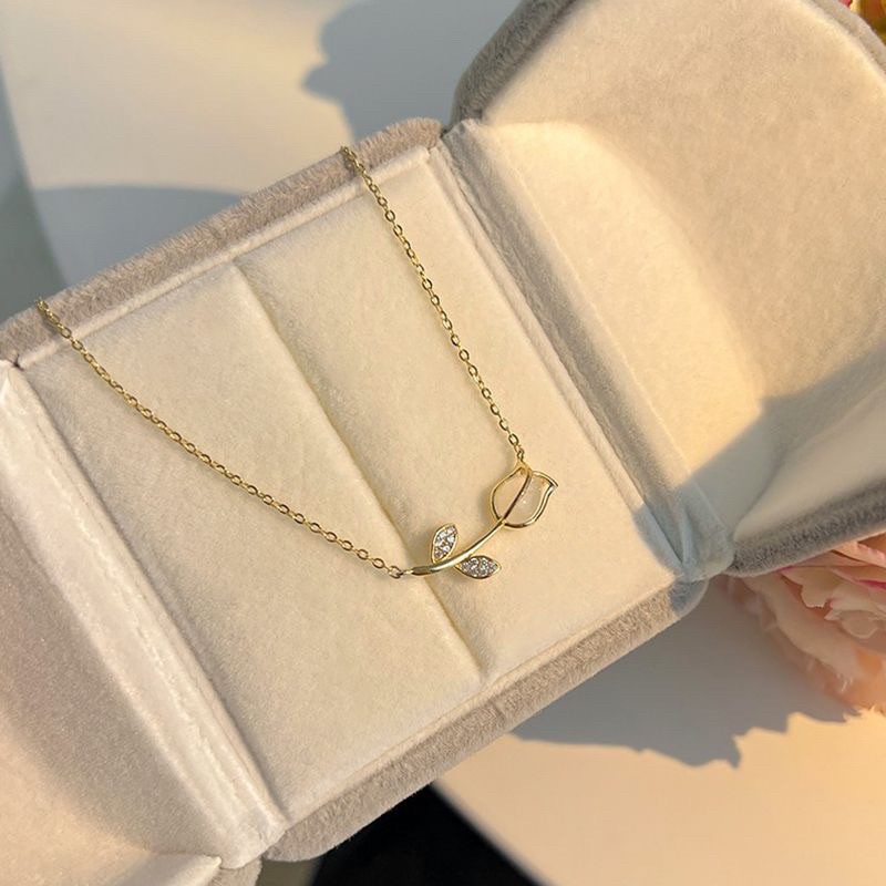 Dây Chuyền Titan Mạ Vàng / Bạc 925 Mặt Hoa Tulip Đính Đá Zircon Đơn Giản Thời Trang Cho Nữ