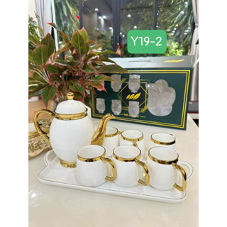  Bộ ấm chén sứ trắng viền vàng Y19-2 