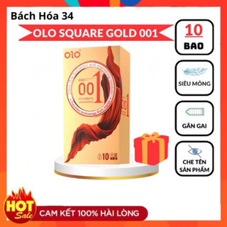 Hộp 10 chiếc bao cao su olo thin 001 square gold - siêu mỏng, gân gai nổi đặc biệt