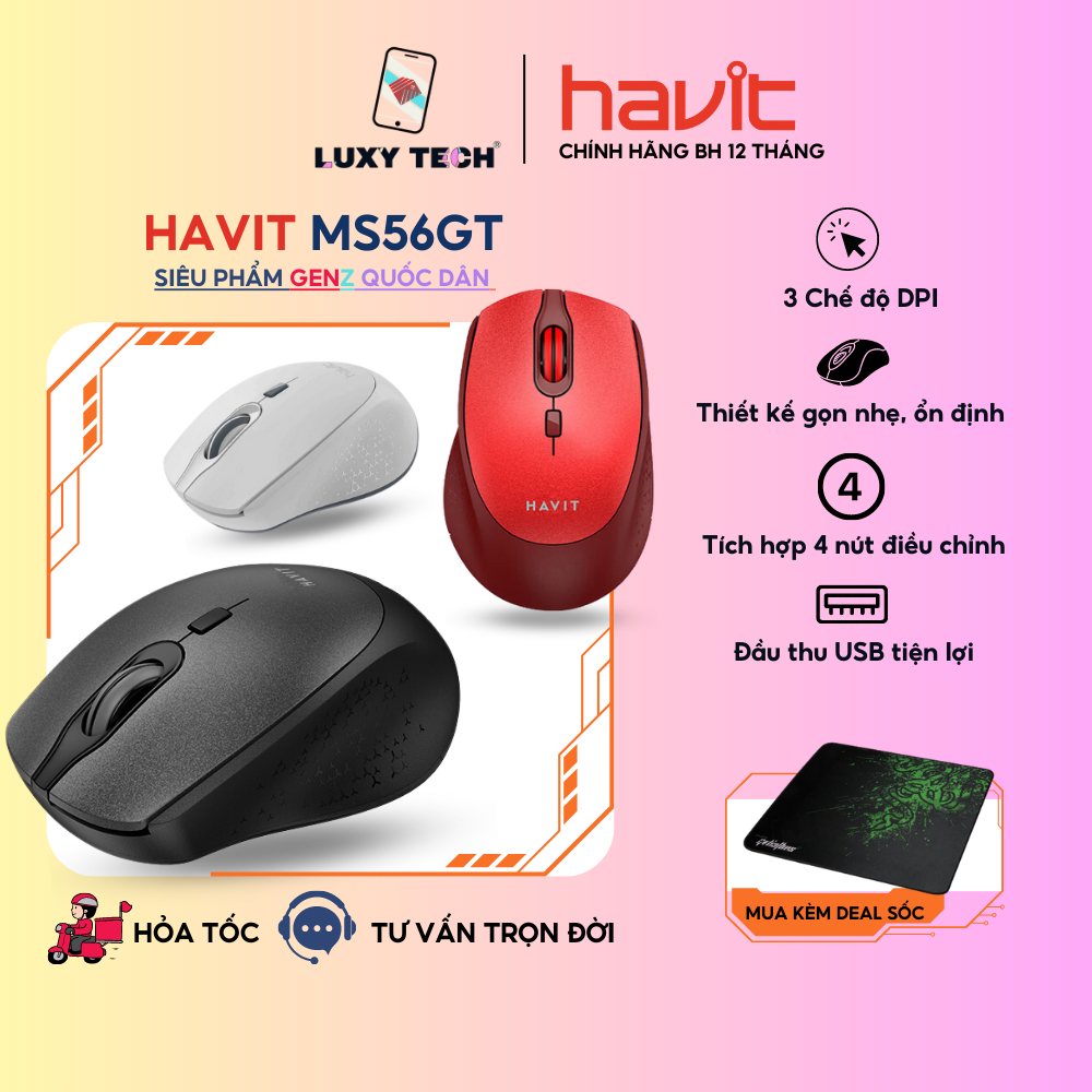 【Hỏa Tốc BD】Chuột Không Dây HAVIT MS56GT 3 Chế Độ DPI, Tích Hợp 4 Nút Điều Chỉnh - Chính Hãng BH 12 Tháng