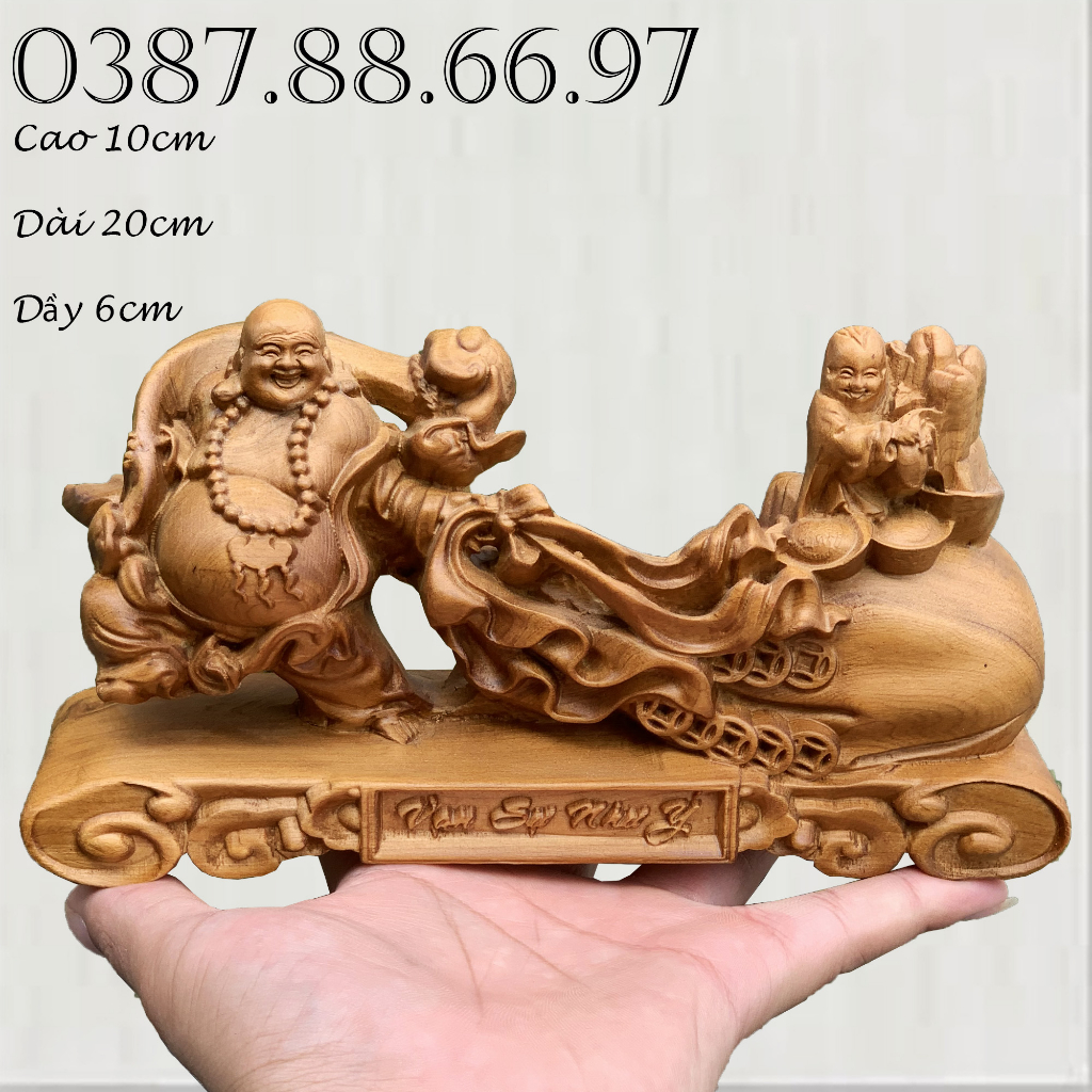 Tượng phật di lặc kéo bao nhất phúc dài 20cm chất liệu gỗ bách xanh