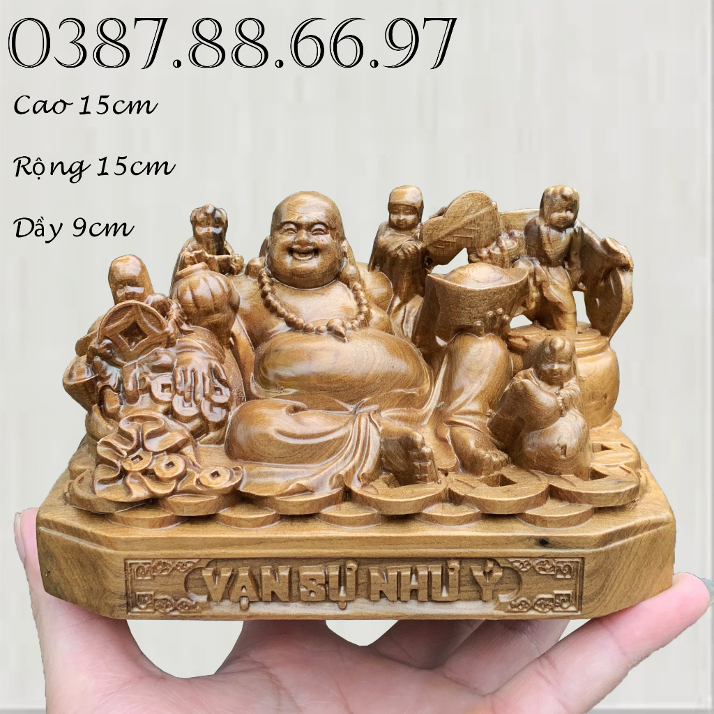Tượng phật di lặc ngũ phúc rộng 15cm chất liệu gỗ bách xanh